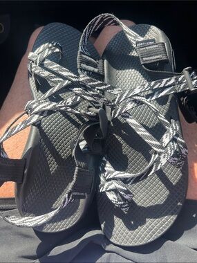 Chaco Black Sandals with Black & White Patterned Straps